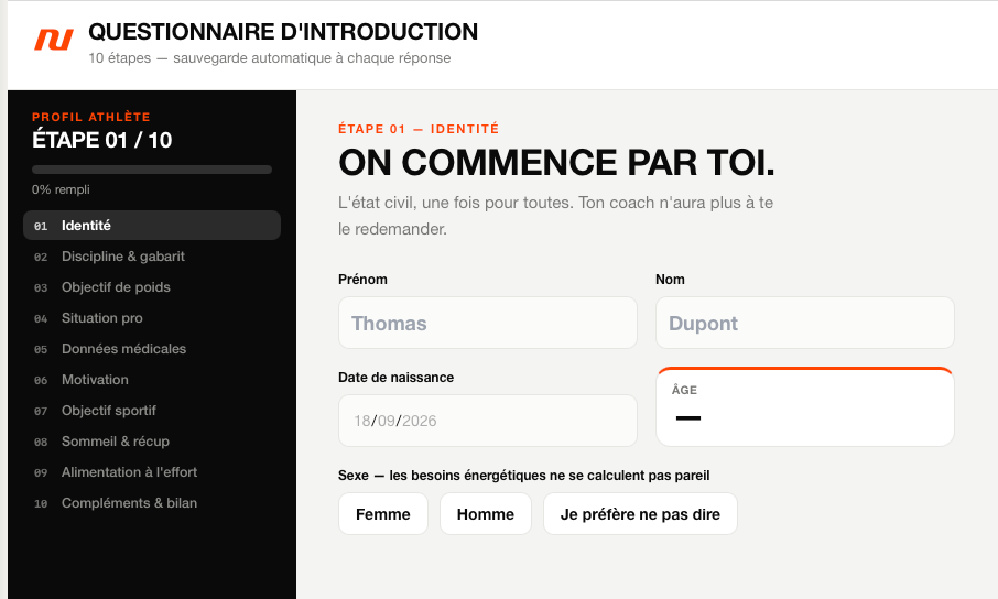 Écran du questionnaire d'introduction Nutriocus